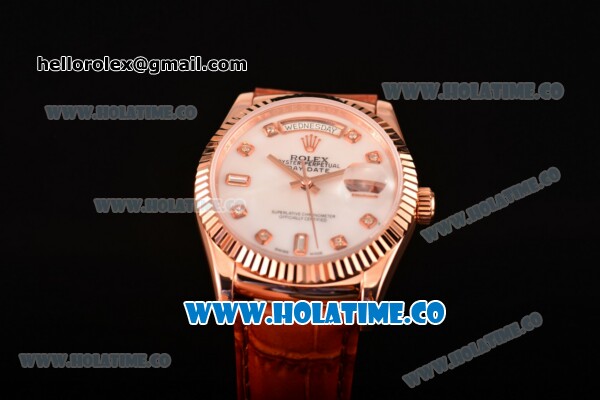 Rolex Day-Date Asia 2813/Swiss ETA 2836/Clone Rolex 3135 Automatic Rose Gold Case with Diamonds Markers and White MOP Dial (BP) - Click Image to Close